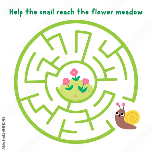 Easter village round geometrical maze for children with snail going to flower meadow. Funny simple square labyrinth game with cute mollusk. Spring holiday printable activity, worksheet