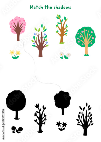 Easter village shadow matching activity with holiday symbols. Spring puzzle with cute blooming trees and flowers. Find correct silhouette printable worksheet, game, page for kids