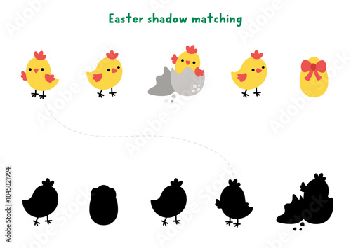 Easter village shadow matching activity with yellow chickens, egg. Spring holiday puzzle with cute chicks. Find correct silhouette printable worksheet, game, page for kids with farm birds