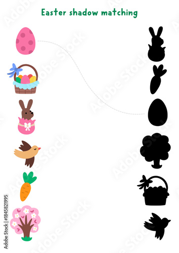 Easter village shadow matching activity with holiday symbols. Spring puzzle with cute chocolate bunny, egg, basket, bird, carrot, tree. Find correct silhouette printable worksheet, game, page for kids