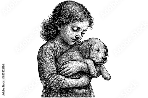 Vintage sketch of a child embracing a puppy with tenderness and love