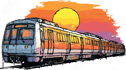 Scenic Train Painting with Sun Vector Outline