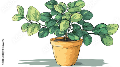 Modern Potted Plant with Green Leaves on Vector Background