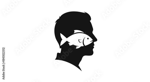 Silhouette of a man with a fish inside his head representing thoughts and ideas.