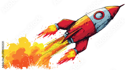 Vibrant Rocket Flying with Red and Yellow Flames in the Air