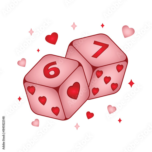 6 and 7 Pink Dice on Valentine's Festival with small red hearts and decorated sparkles and Hearts.