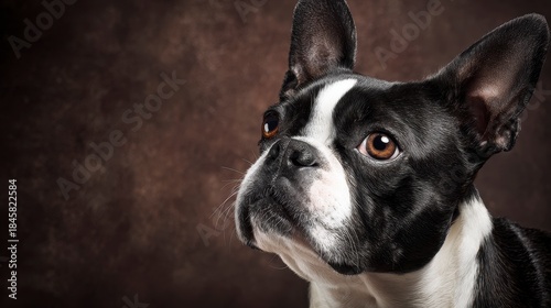 A close-up studio portrait of a black and white dog with alert eyes and erect ears, against a textured brown backdrop