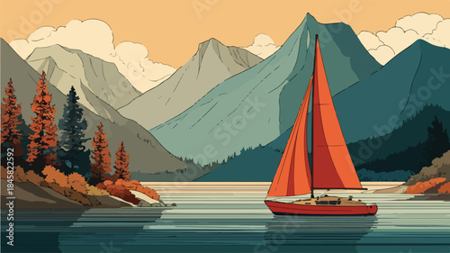 Sailboat on Water with Trees and Mountains in Background