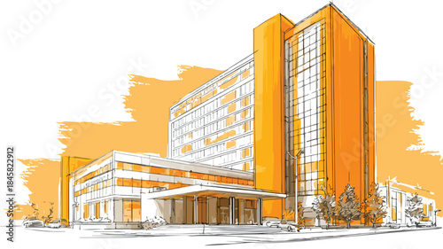 Modern Tall Orange Building with Abundant Windows Vector Illustration