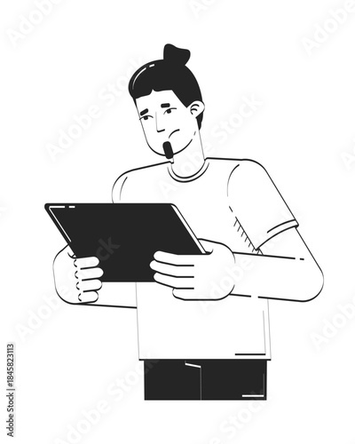 Caucasian man holding tablet with concern doodle linear character. Looking at stressful news. Worried guy reading gadget 2D vector outline person isolated. Hand drawn drawing illustration monochrome