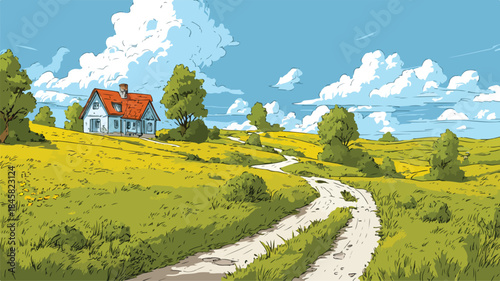 Serene Country Road Through Lush Green Meadow