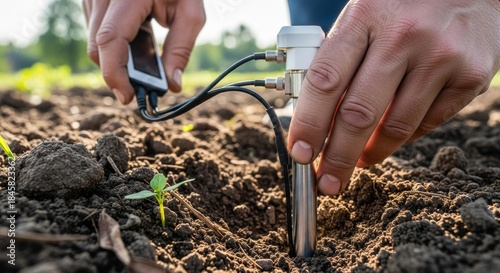 Soil moisture sensor in use, farmer checking soil moisture content in the field