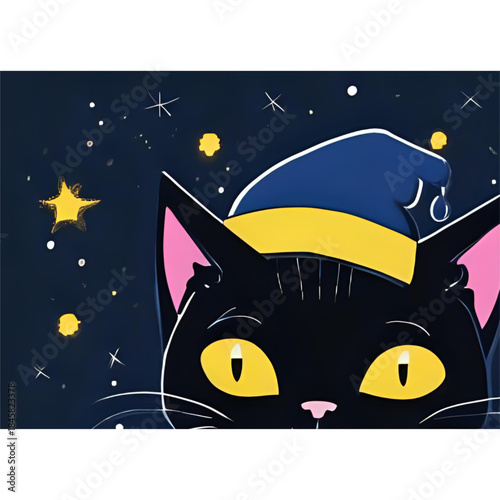 Soft Pastel Annoyed Black Cat in Cozy Santa Hat – Cute Christmas Cartoon Illustration
