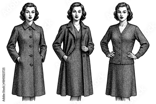 Vintage fashion models in classic outfits with detailed black and white engraving style