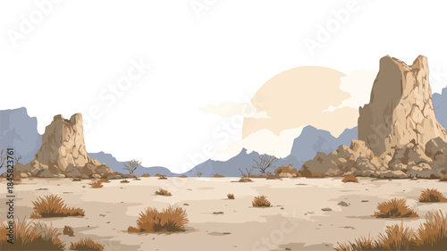 Moonlit Desert Stage Vector Illustration with Outline on White Background