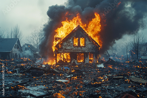 House on fire in a dramatic scene with smoke and flames Generative AI