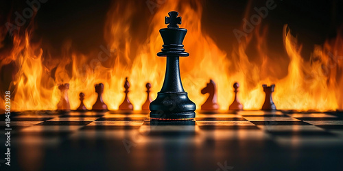 Chess pieces on a board with flames in the background Generative AI