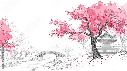 Serene Japanese Cherry Blossom Garden Vector Illustration