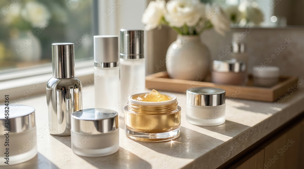 Fototapeta Skincare products displayed on a sunlit countertop, featuring various jars and bottles, highlighting the beauty and elegance of cosmetic facial care with copy space