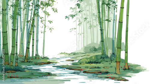 Tranquil Bamboo Forest and Serene Streams Vector Illustration