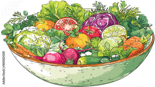 Vibrant Salad Bowl Loaded with Fresh Veggies Vector Illustration