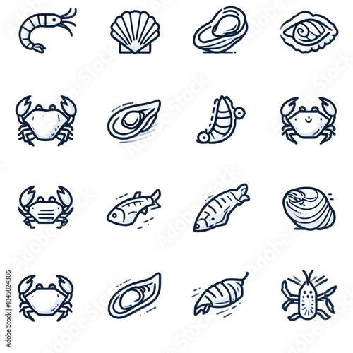 Hand Drawn Seafood and Shellfish Icon Set Collection.