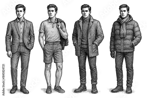 Fashion evolution: seasonal outfits displayed in detailed black and white style