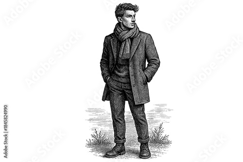 Elegant man in winter attire sketched in detailed vintage style