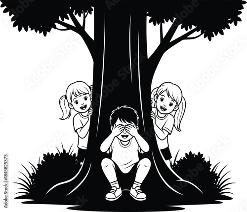 Children playing hide-and-seek behind a tree in silhouette kids game