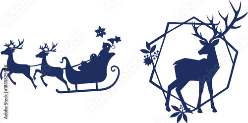 Christmas Reindeer Sleigh Silhouette and Geometric Deer Frame with Foliage santa