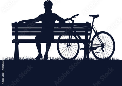 Cyclist Silhouette Sitting on a Park Bench with Bicycle on White Background vector illustration