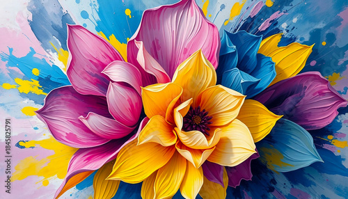 Floral art texture. Flowers painted with vibrant oil paint