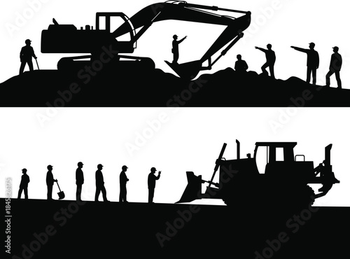 Construction site with excavator, bulldozer and workers in silhouette heavy machinery