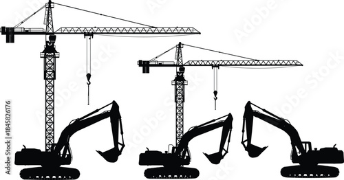 Construction site with tower cranes and excavators in silhouette Keywords: construction, crane, tower crane, excavator, digger