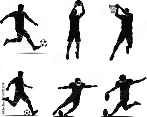 Silhouettes of Athletes Playing Soccer Basketball and Football sports