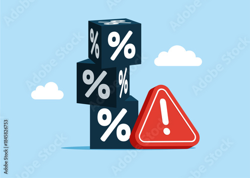 Cube with percentage symbol with exclamation attention sign. Bad interest, financial and mortgage rates. Flat vector illustration