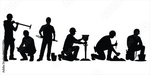 Construction workers silhouettes performing various tasks with tools Keywords: construction, worker, man, silhouette, tool, hard
