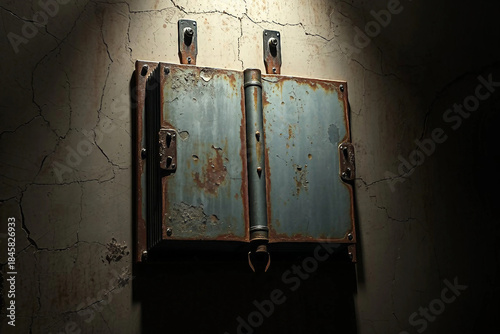 Rusty metal book on a cracked concrete surface. Fantasy steampunk