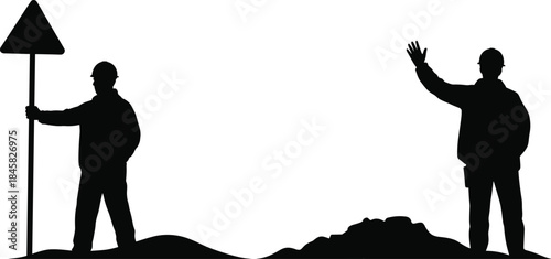 Construction workers silhouettes with a signpost and waving hand Keywords: construction, worker, man, silhouette, signpost