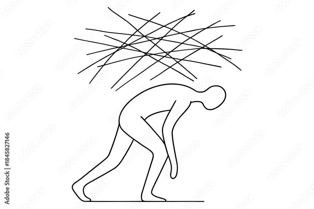 Fototapeta premium Line art depiction of stress and overwhelm with tangled lines