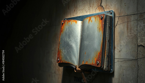 Rusty metal book in steampunk style on concrete wall