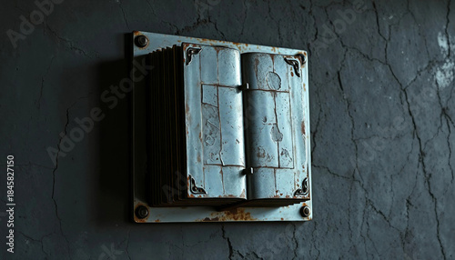 Steampunk style rusty metal book on concrete surface