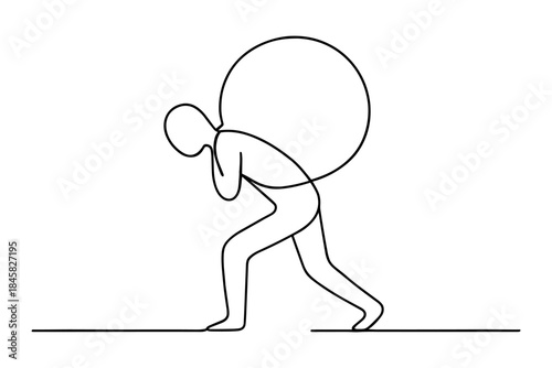 Minimalist line drawing of a person carrying a large circle on back