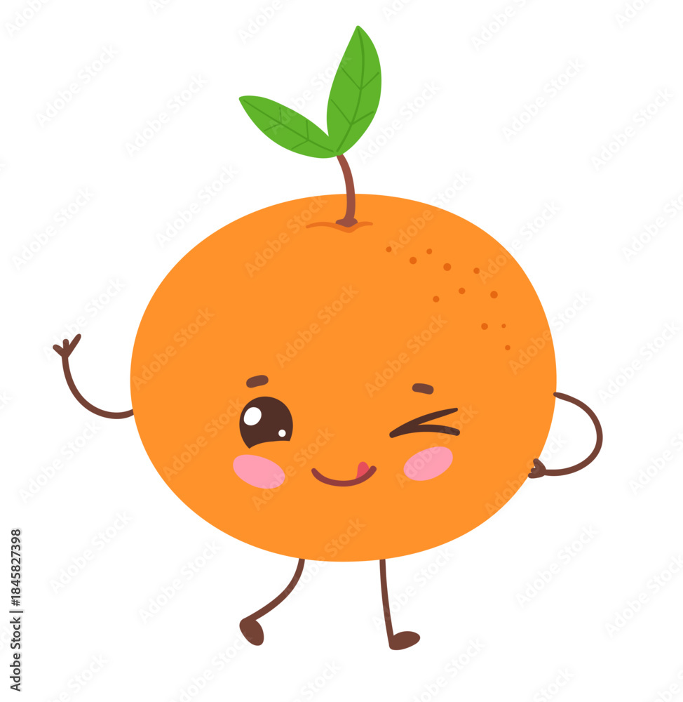 Obraz premium Vector illustration of a cute orange with smiling face, green leaf and wink. Flat isolated fruit object.