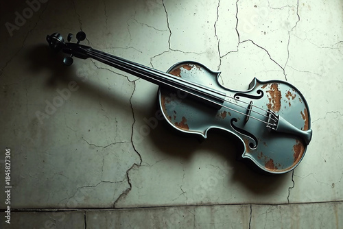 Rusty old metal violin on a concrete surface. Fantasy steampunk