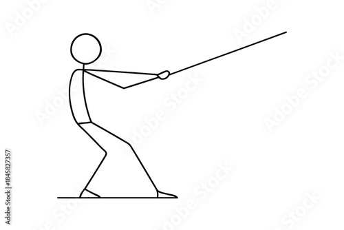 Simple minimalist stick figure tugging rope illustration on white background