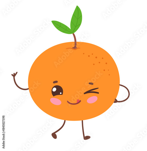 Vector illustration of a cute orange with smiling face, green leaf and wink. Flat isolated fruit object.