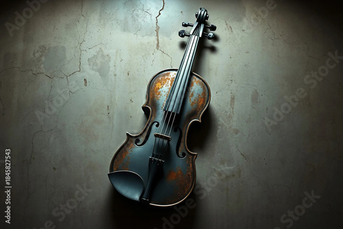 Rusty metal violin in steampunk style on concrete wall