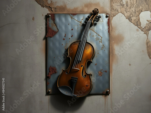 Steampunk style rusty metal violin on concrete surface