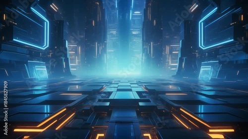 Abstract Futuristic Sci-Fi Corridor with Blue Neon Lights, Gateway to Digital World